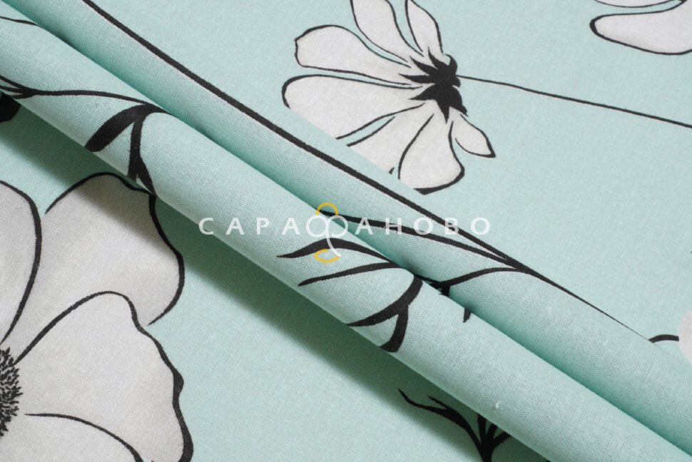 Ткань Бязь 220 см. набивная Ромашки мята рис. 28168/2
