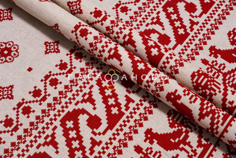 Ткань Полулён п/варёный 150 см. рис ВЫШИВКА ( Петушки на крыше) № 2448