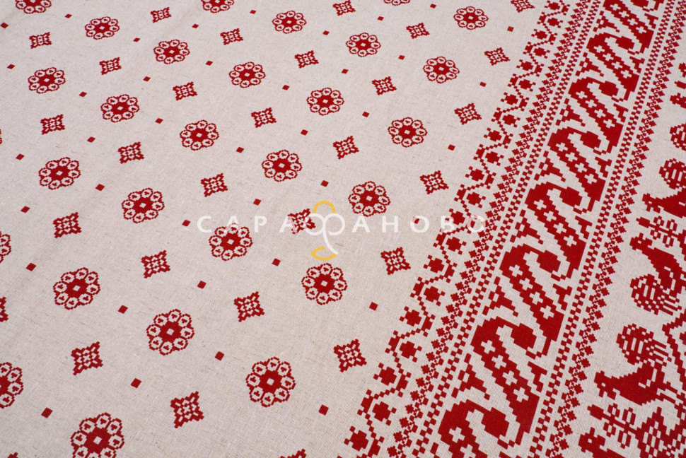 Ткань Полулён п/варёный 150 см. рис ВЫШИВКА ( Петушки на крыше) № 2448