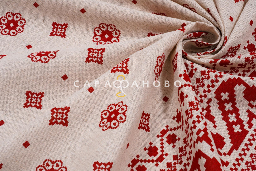 Ткань Полулён п/варёный 150 см. рис ВЫШИВКА ( Петушки на крыше) № 2448