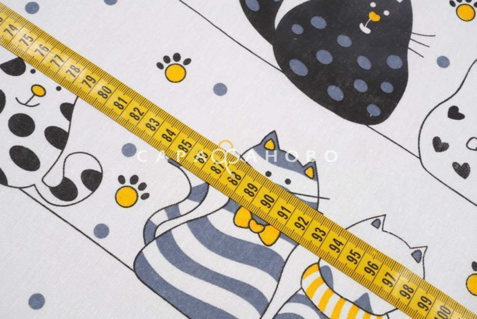 Ткань Бязь 150 см. Коты белые с желтым б/з рис. 7206/2