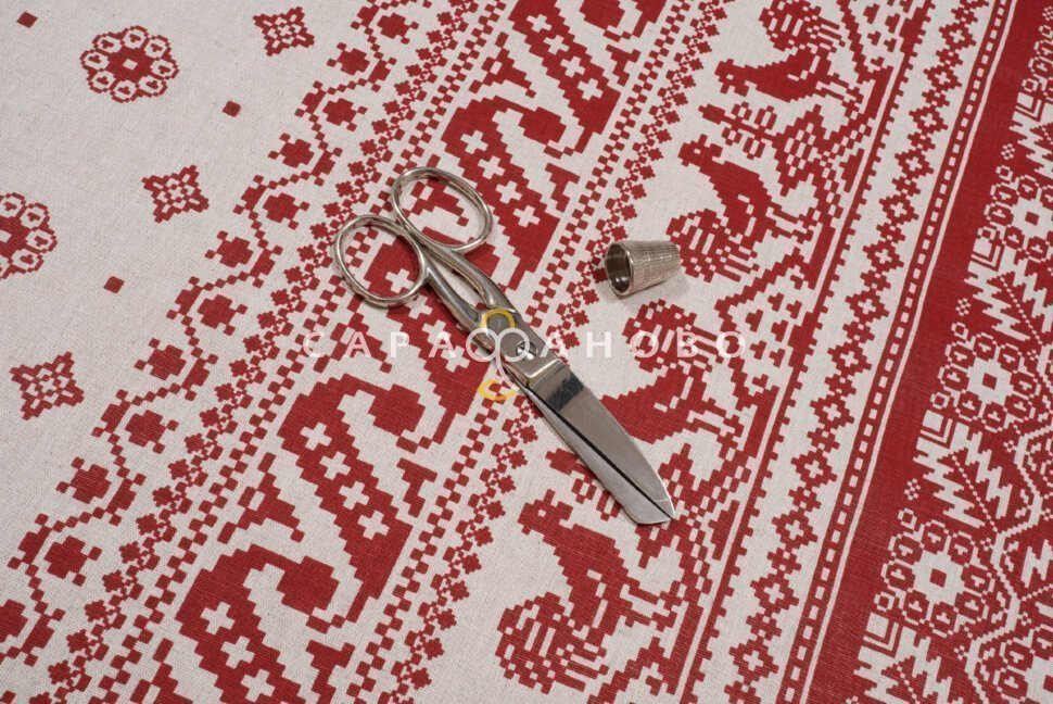 Ткань Полулён п/варёный 150 см 140 гр рис Вышивка (Петушки на крыше) 1026