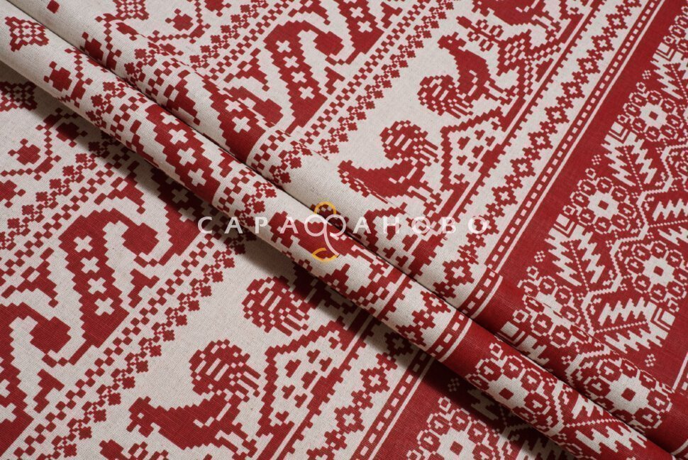 Ткань Полулён п/варёный 150 см 140 гр рис Вышивка (Петушки на крыше) 1026