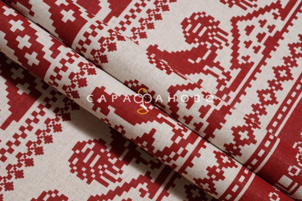 Ткань Полулён п/варёный 150 см 140 гр рис Вышивка (Петушки на крыше) 1026