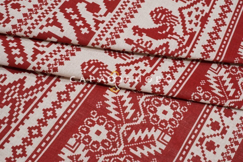 Ткань Полулён п/варёный 150 см 140 гр рис Вышивка (Петушки на крыше) 1026