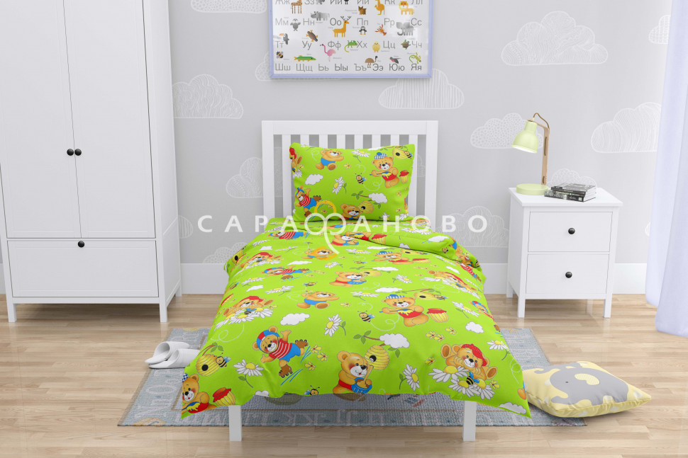 Ткань Бязь 150 см 120 гр рис. 5043-3 "Медовый мишка" зеленый На отрез, фото 9